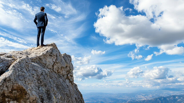 A male executive perched on a rocky cliff, gazing out at the expansive view below, signifying a leader's ability to see the bigger picture in the business world