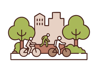 Naklejka premium Colorful Urban Park with People Exercising, Cycling, and Walking in Vibrant Cityscape