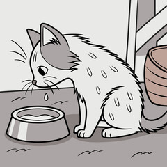 Cute cartoon kitten cautiously drinking milk from a bowl with a drop falling