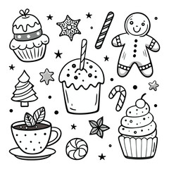 Cute vector illustration with a seamless pattern of delicious cupcakes, cakes, and other sweet desserts perfect for any bakery or birthday design