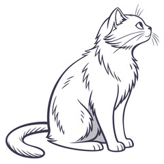 Elegant outline drawing of a fluffy cat sitting and looking upwards with a white background