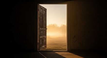 Fototapeta premium Old Door Opens to Misty Sunrise Landscape