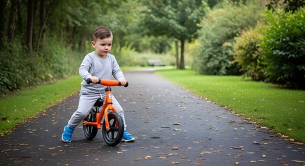 A young boy with curly hair, wearing a grey tracksuit and blue shoes, confidently rides an orange balance bike on a paved path in a park