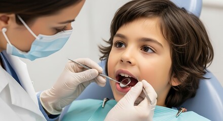 Young Boy Receiving Dental Checkup with Care from Professional Dentist in Modern Clinic Setting for Oral Health and Hygiene Promotion