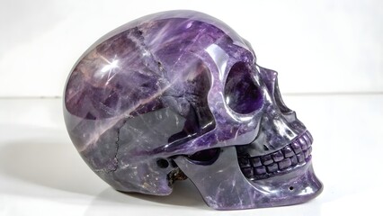 Crystal Skull: A captivating, photorealistic close-up reveals a luminous, exquisitely detailed skull crafted from radiant amethyst crystal, exuding an aura of mystique and elegance.