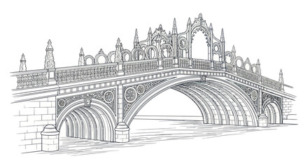 Ornate Gothic-Style Stone Arch Bridge Drawing.