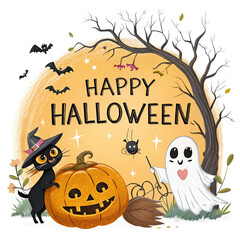 "Happy Halloween Illustration with Cute Black Cat in Witch Hat, Smiling Ghost, Jack O Lantern Pumpkin, Spider, Bats and Spooky Tree – Festive Cartoon Artwork"