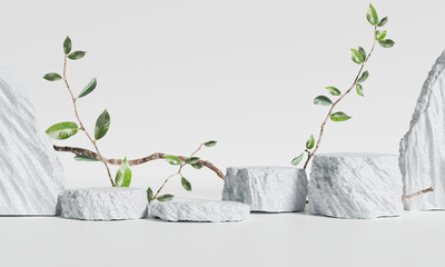 Stone podium with leaves on white background. 3D Rendering