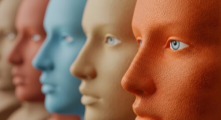 Fototapeta premium Closeup profile view of multiple mannequin heads in a row, each painted a different vibrant color, highlighting diversity and individuality