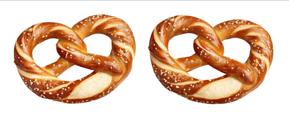 Two side by two twisted pretzels isolated on white background with clipping path Full Depth of field ultra realistic photo quality
