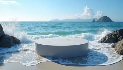 A minimalist concrete podium stands on a sandy beach, surrounded by gentle ocean waves and rocky outcrops under a clear blue sky with fluffy clouds