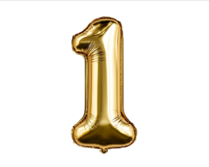 A golden number 1 in the shape of a balloon isolated on a white background highresolution photography