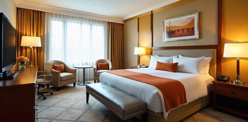 Luxurious motel suite featuring a king-size bed, plush seating, and modern amenities  Enjoy the upscale comfort and sophisticated design  Perfect for a relaxing getaway ,  elegance,  floor