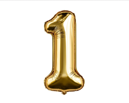 A golden number 1 in the shape of a balloon isolated on a white background highresolution photography
