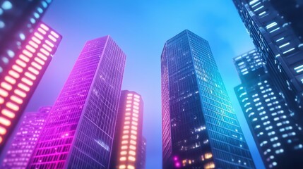 Obraz premium Skyscraper Nighttime view of a vibrant city with skyscrapers illuminated in colorful lights.