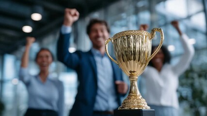 A golden trophy and company-branded notebook sit in front of a jubilant team celebrating by a glass wall.