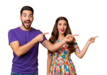 Excited young couple pointing to the side with surprised expressions isolated on transparent background