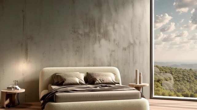 A cozy bedroom featuring a boucle bed frame with a textured headboard. The room has neutral decor and large windows showcasing a scenic view of mountains.