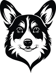 Naklejka premium Pembroke Welsh Corgi head silhouette with large ears, expressive eyes, and fluffy fur details