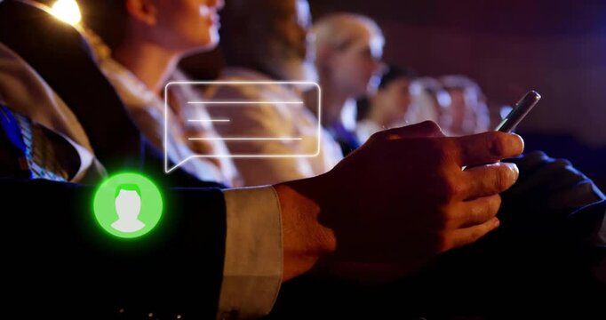 Conference attendee holding smartphone initiating pulsing chat bubble simulating incoming messages
