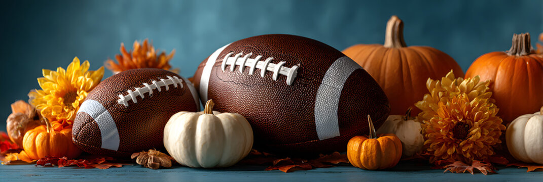 Autumn-themed Thanksgiving setup with footballs and umpkins on blue background symbolizing festive holidy and American football cuture