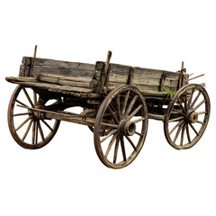 Vintage wooden wagon, a weathered relic on a black backdrop highlighting textures