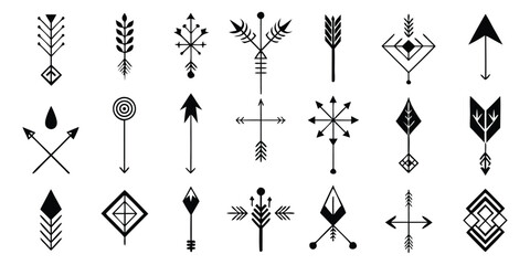 Arrow. Minimalist. Esoteric. A modern black vector set of abstract geometric and alchemical arrows for a minimal tattoo design, a spiritual brand's logo, or a unique graphic icon.