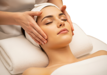 Woman receiving a relaxing facial massage with gentle hands isolated on transparent background