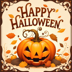 Happy Halloween Pumpkin With Autumn Leaves