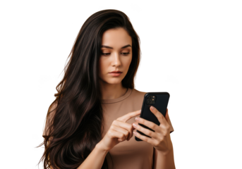 Young woman with long dark hair texting on a smartphone isolated on transparent background