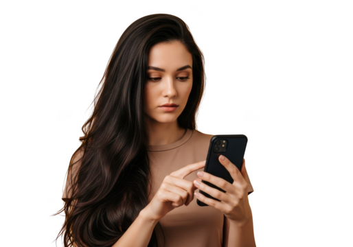 Young woman with long dark hair texting on a smartphone isolated on transparent background
