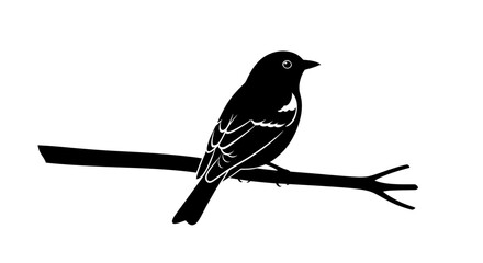 Stylized black and white illustration of a small songbird perched on a tree branch.