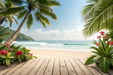 Tropical paradise beach with wooden walkway and palm trees