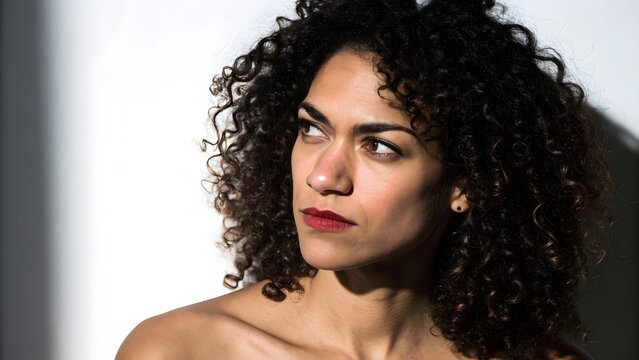 Focused Gaze: A portrait of a woman with curly hair, her eyes fixed with a contemplative, and captivating expression.