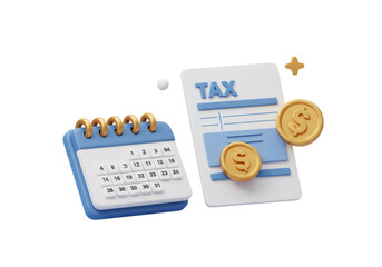 青と白の税務書類と金色のコインが特徴的なカレンダーの3Dレンダリング