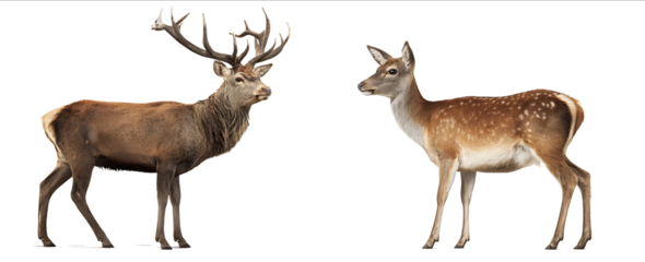 Photo of a red deer and fallow deer standing side by side isolated on a white background with a clipping path Fullbody portrait of the male animals in a natu