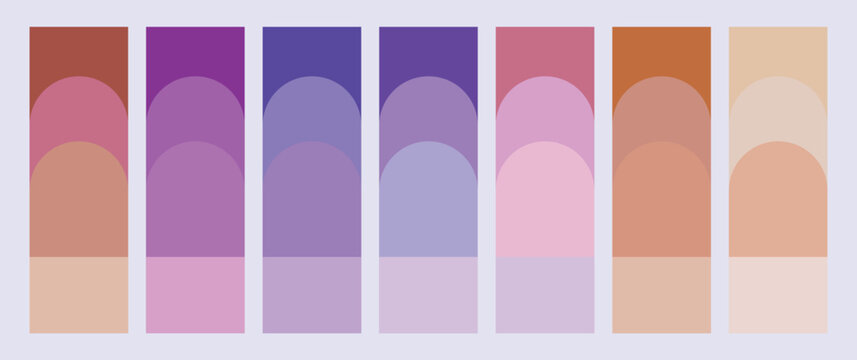 Color Palette. Warm Tones. A modern vector set of seven abstract color palettes or swatches with warm pink, purple, and orange tones for a brand identity kit or a designer's mood board.