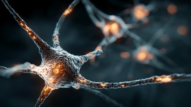 High detail 3D render of glowing neuron networks with synapses firing electrical pulses in a dark environment illustrating brain activity and neuroscience