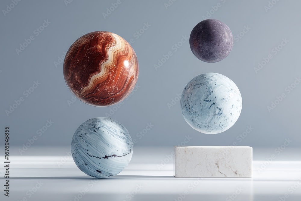 Poster Minimalist 3D Rendering of Floating Spheres: An Abstract Exploration of Gravity and Space
