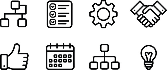 Collection of business and finance icons including organization chart checklist gear handshake thumbs up calendar and lightbulb