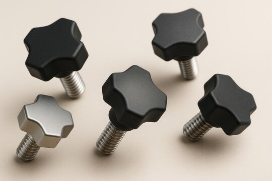 Five star shaped knobs with metal threads against a neutral background