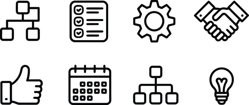Collection of business and finance icons including organization chart checklist gear handshake thumbs up calendar and lightbulb