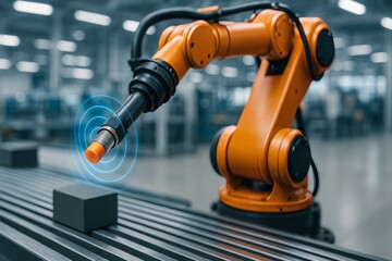 Obraz premium Orange industrial robot arm with sensor detecting a dark cube on a conveyor belt