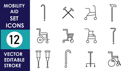 A minimalist vector illustration set featuring 12 black line icons of mobility aids, including wheelchairs, walkers, crutches, and canes, with clean editable stroke design