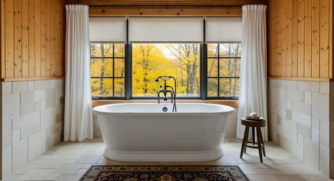Luxurious bathroom with a freestanding bathtub and large windows overlooking autumn foliage, cozy interior design - Powered by Adobe