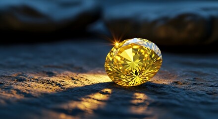 A brilliant yellow diamond gemstone sparkles with light, resting on a textured surface, representing luxury, wealth, and value