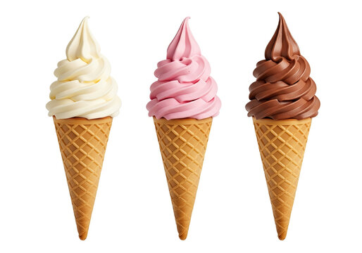 Three soft serve ice cream cones, vanilla, strawberry, and chocolate. - Powered by Adobe