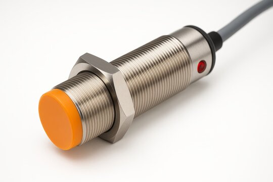 Close up of industrial proximity sensor with orange tip and red indicator light