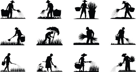 Gardening, farming, agriculture, silhouettes, workers, tools, planting, harvesting, watering, outdoor, rural, labor, lifestyle, nature, fieldwork, cultivation, 