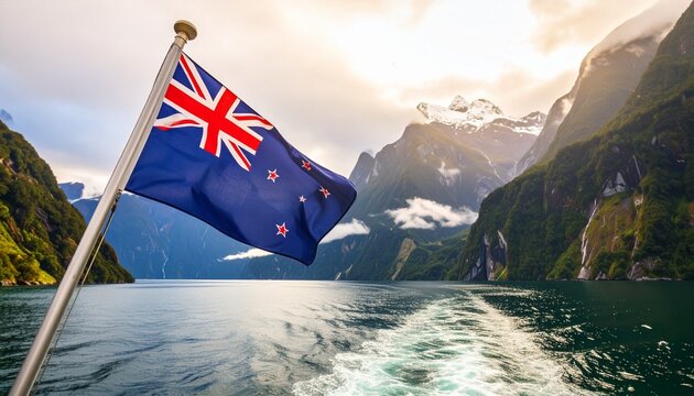 New Zealand Flag Over Fiordland National Park